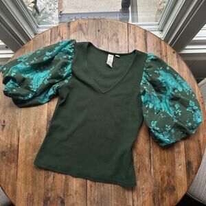 Green Anthropologie Dolan Lace Puff-Sleeve Top Size XS